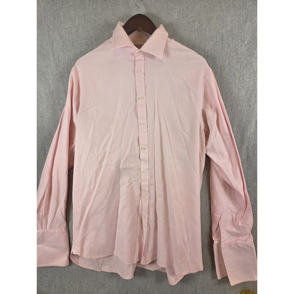 Thomas PINK Dress Shirt‎ Mens 16.5 Pink Herringbone Twill French Cuff Career